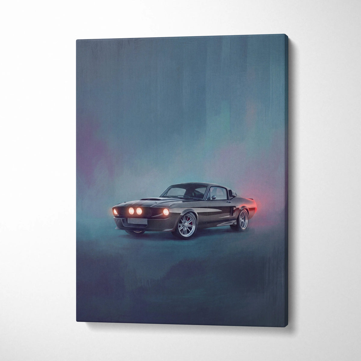 A sleek black matte canvas print of a ford mustang shelby gt500 with glowing lights for garage decor