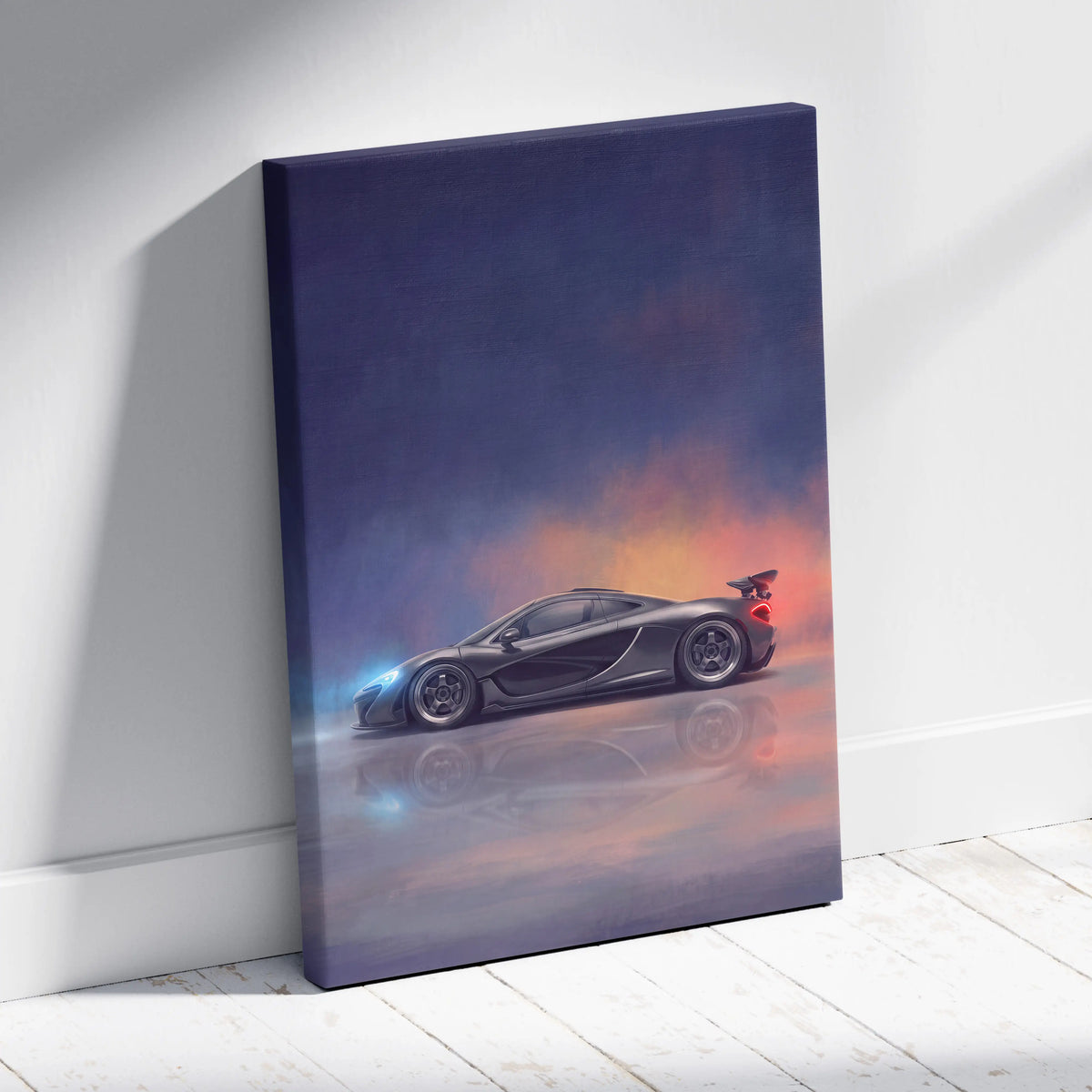 Black mclaren p1 inspired supercar canvas art print featuring a sleek sports car with glowing blue and red accents