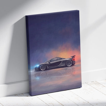 Black mclaren p1 inspired supercar canvas art print featuring a sleek sports car with glowing blue and red accents