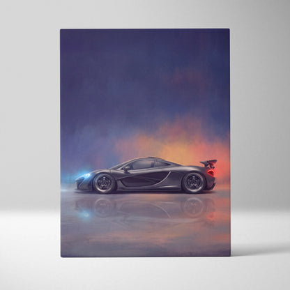 A sleek matte black McLaren P1 inspired supercar canvas art print with glowing blue and red accents at twilight