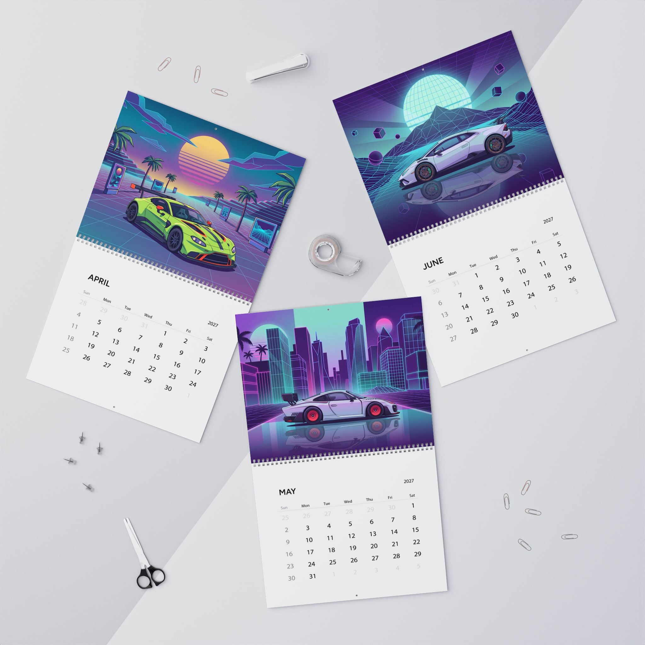 2027 Supercar Vaporwave Wall Calendar – Exotic Performance Cars & Retro Neon Artwork Collection