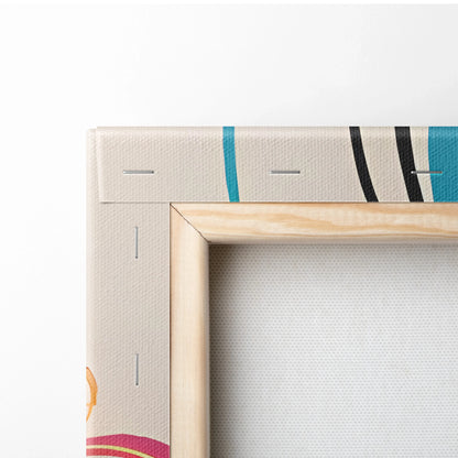 Surreal futuristic female profile canvas with vibrant cityscape in teal, orange, pink, blue on light wood frame