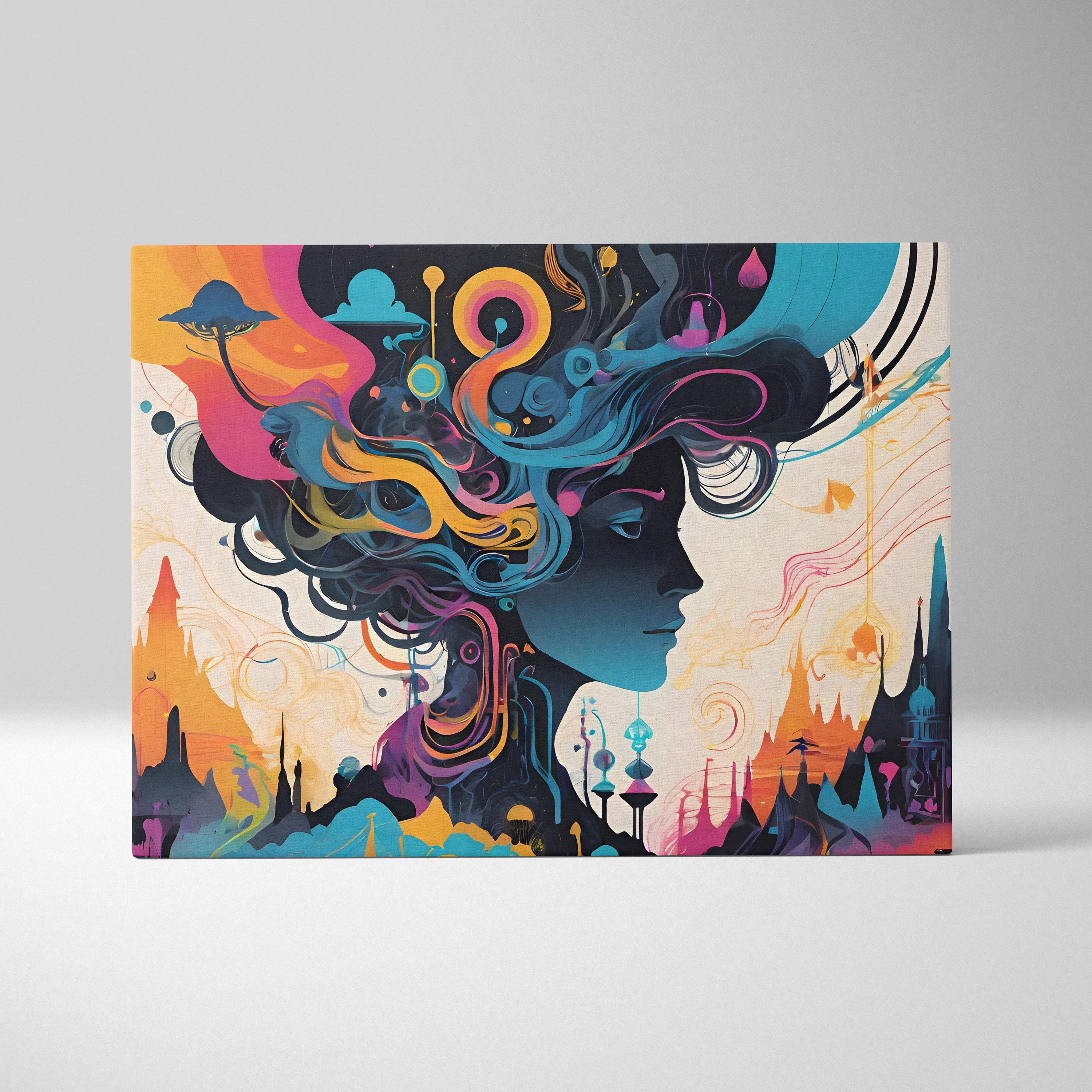 Surreal futuristic female profile canvas wall art in teal orange pink deep blue