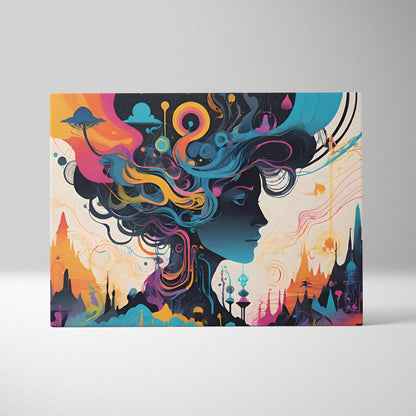 Surreal futuristic female profile canvas wall art in teal orange pink deep blue