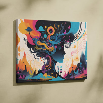 Surreal futuristic female profile canvas wall art in teal, orange, pink, blue