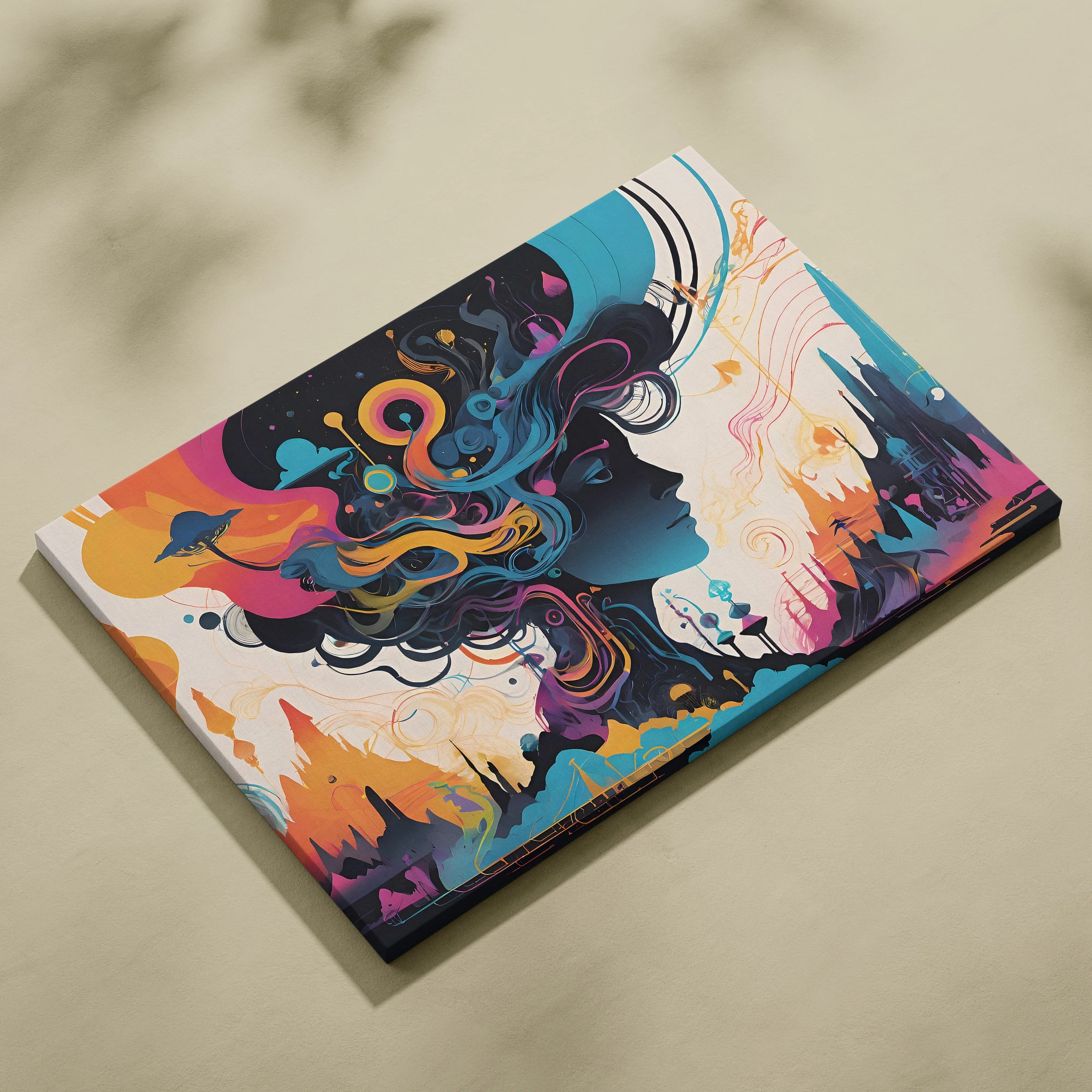 Surreal futuristic female profile canvas art in teal orange pink blue