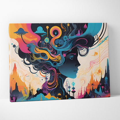 Surreal futuristic female profile canvas art in teal orange pink blue
