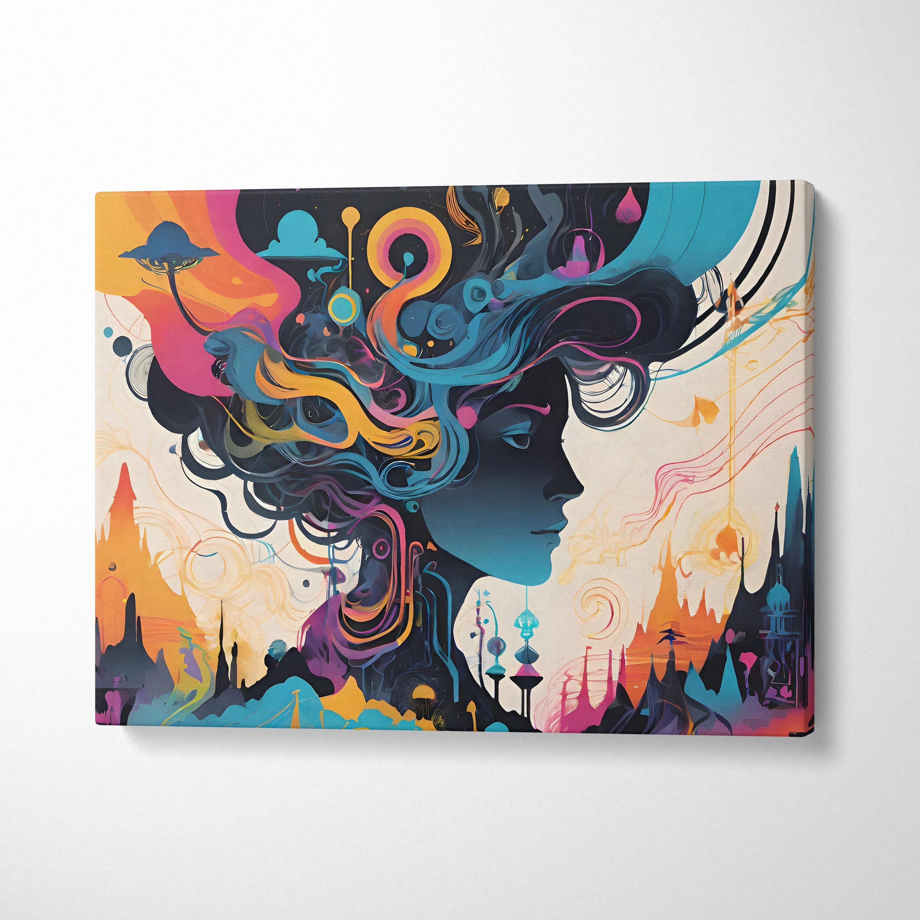 Surreal futuristic female profile canvas art in teal orange pink blue