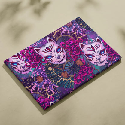 Vaporwave Kitsune Masks Canvas - Kitsune Masks Neon Pink Blue Living Room Vaporwave Dreamy Neon Japanese Art Canvas