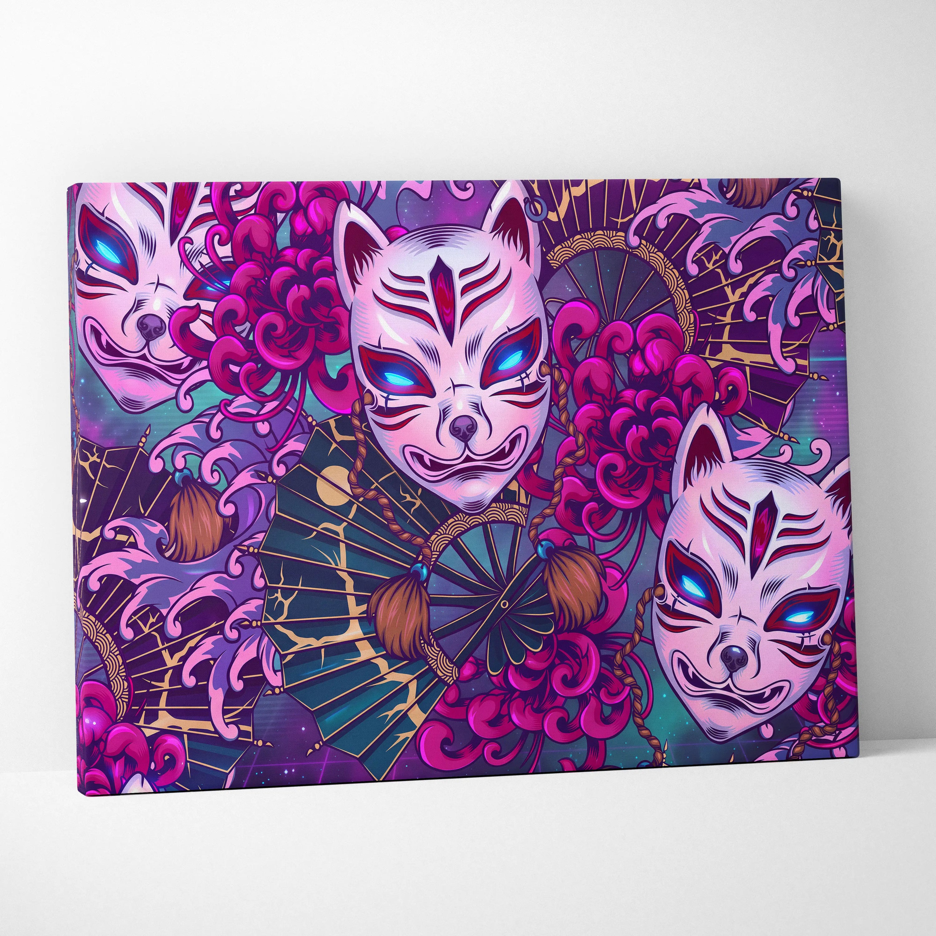 Vaporwave Kitsune Masks Canvas - Kitsune Masks Neon Pink Blue Living Room Vaporwave Dreamy Neon Japanese Art Canvas