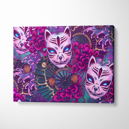 Vaporwave Kitsune Masks Canvas - Kitsune Masks Neon Pink Blue Living Room Vaporwave Dreamy Neon Japanese Art Canvas