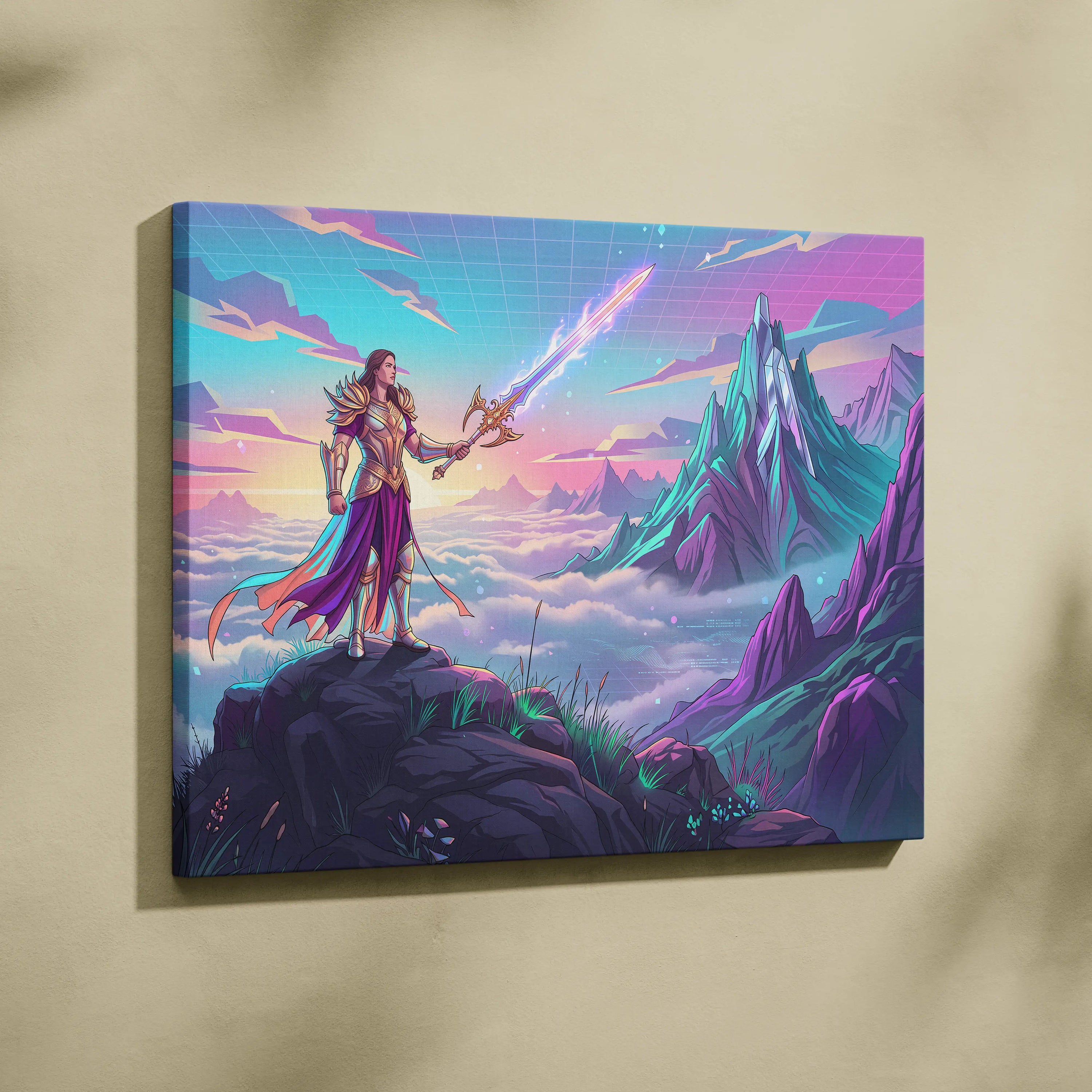 Vaporwave Dream Armor Neon Canvas - Vaporwave Fantasy Neon Armor Canvas Mystical Mood Neon Retro Wall Art Canvas