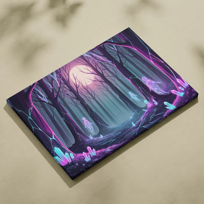 Neon Forest Moon Vaporwave - Forest Moon Neon Purple Teal Living Room Vaporwave Dreamy Surreal Neon Retro Wall Art