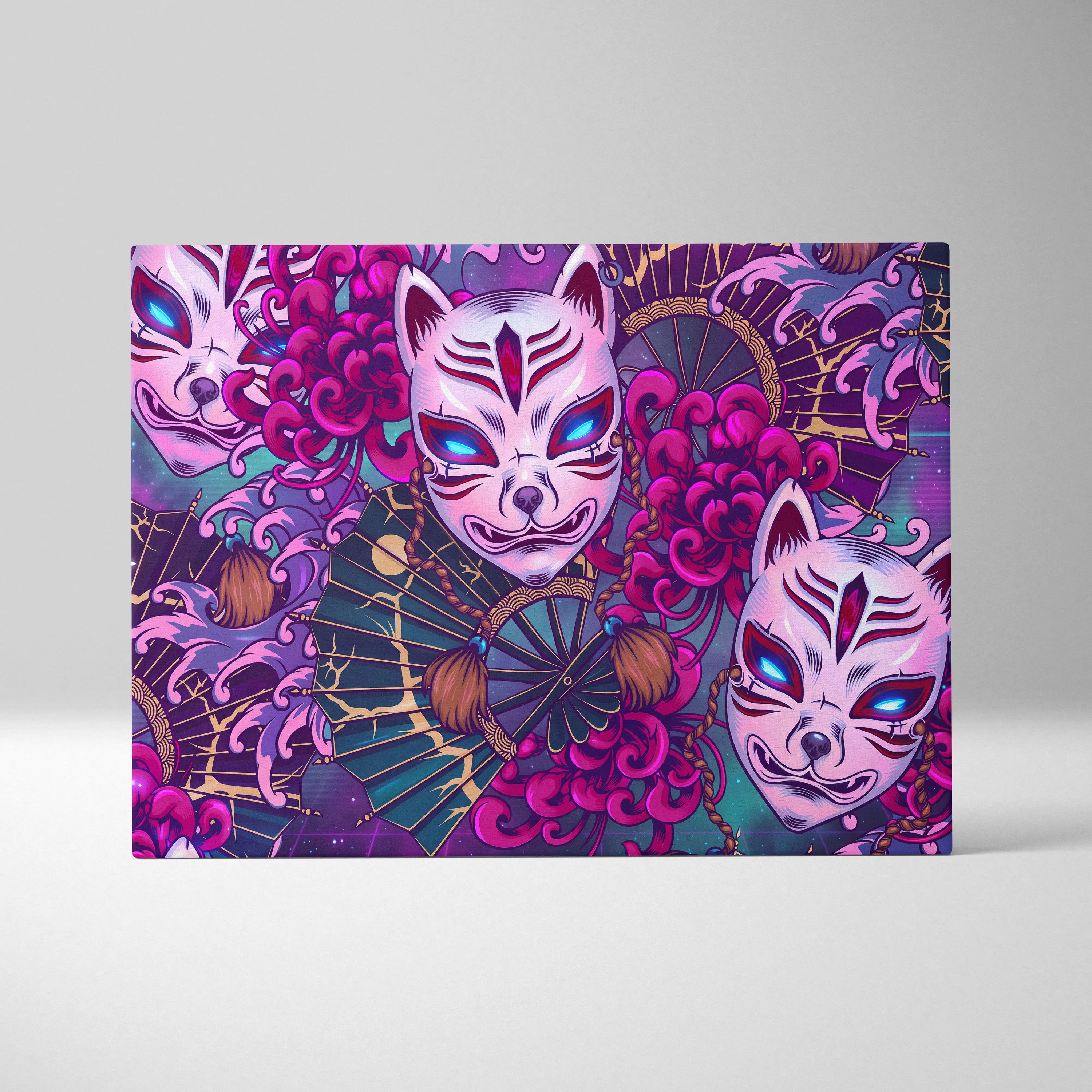 Vaporwave Kitsune Masks Canvas - Kitsune Masks Neon Pink Blue Living Room Vaporwave Dreamy Neon Japanese Art Canvas