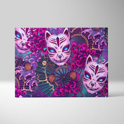Vaporwave Kitsune Masks Canvas - Kitsune Masks Neon Pink Blue Living Room Vaporwave Dreamy Neon Japanese Art Canvas