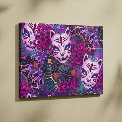 Vaporwave Kitsune Masks Canvas - Kitsune Masks Neon Pink Blue Living Room Vaporwave Dreamy Neon Japanese Art Canvas