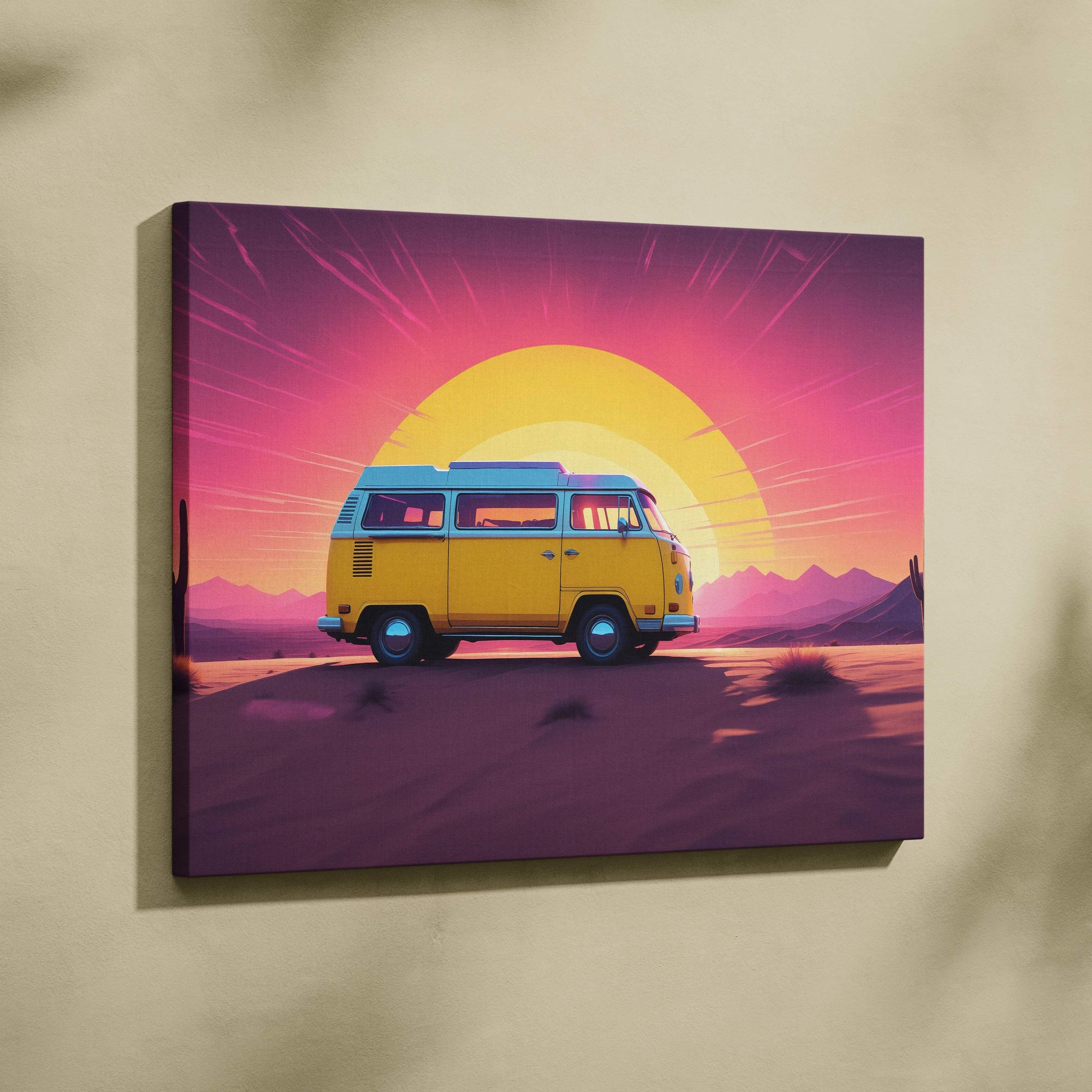 Retro yellow camper van at desert sunset synthwave neon canvas art