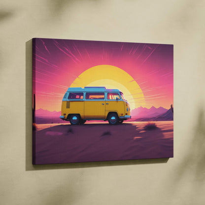 Retro yellow camper van at desert sunset synthwave neon canvas art