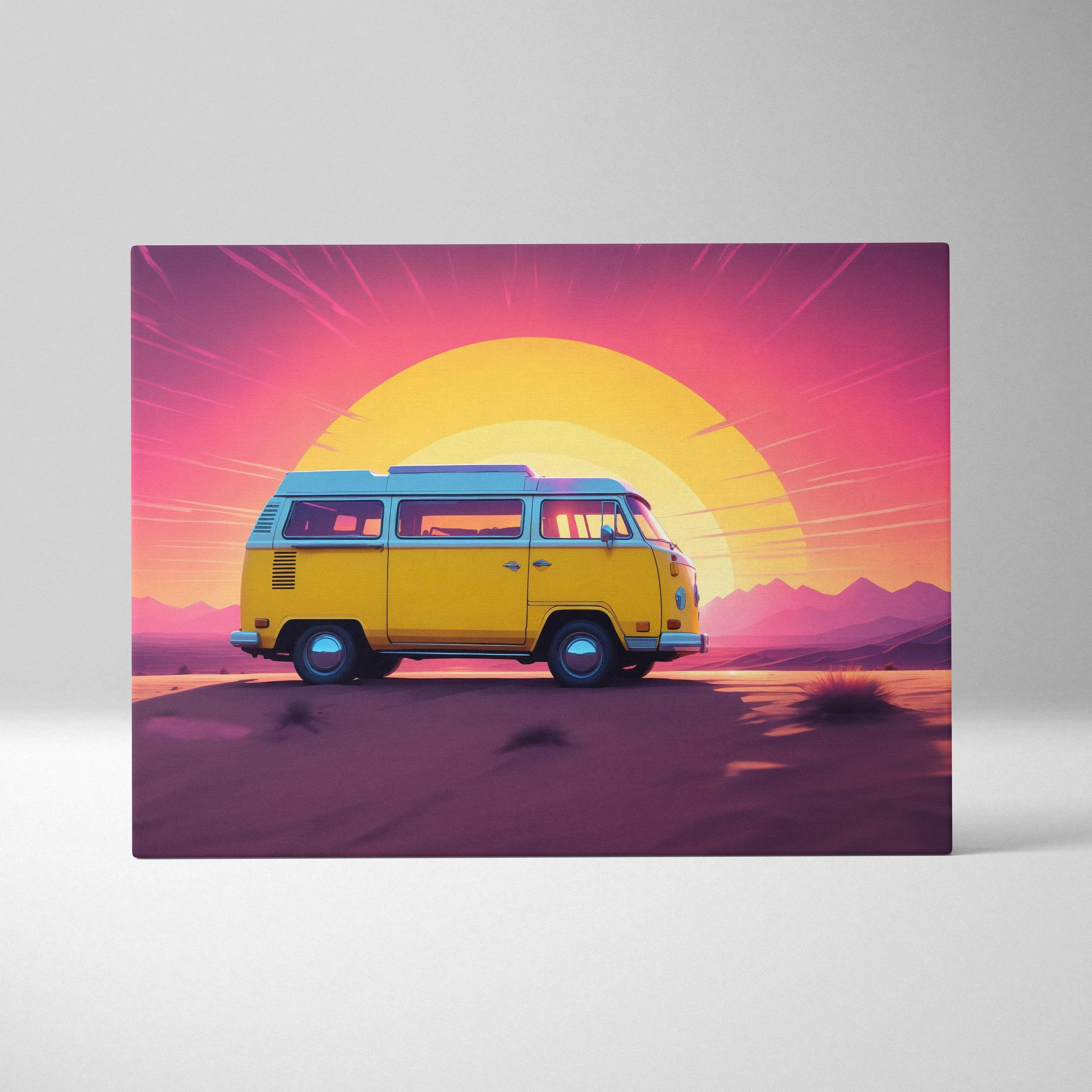 Vibrant yellow teal retro camper van at synthwave neon pink orange sunset