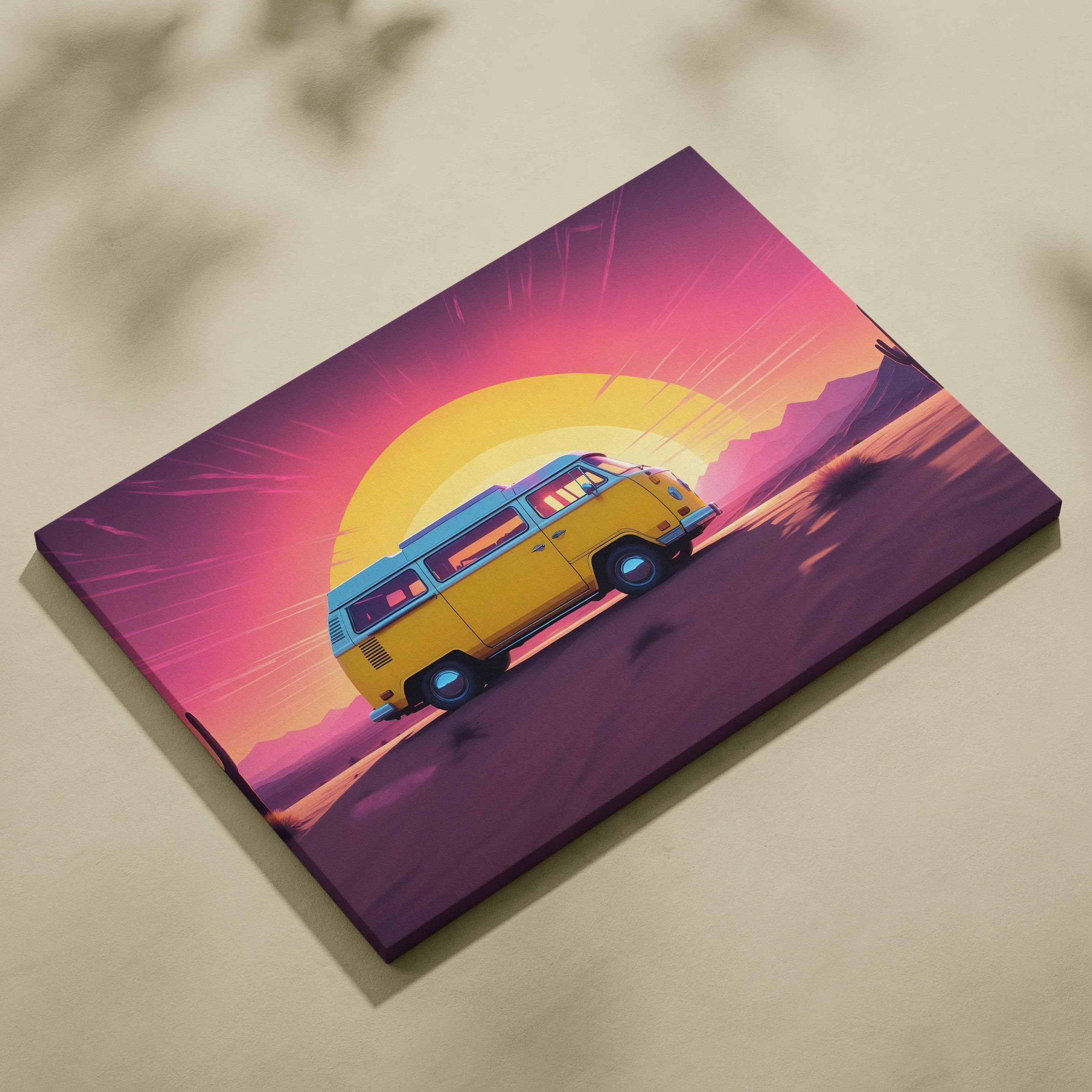 Vibrant retro yellow camper van at desert sunset synthwave neon canvas print