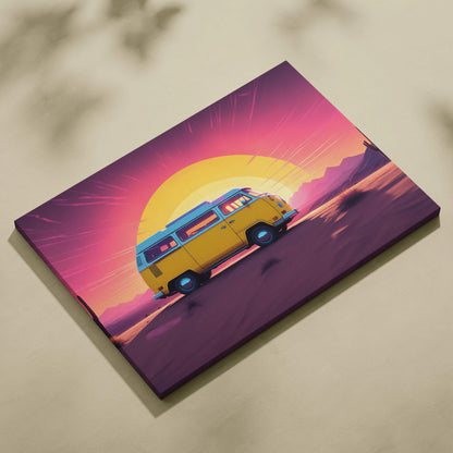 Vibrant retro yellow camper van at desert sunset synthwave neon canvas print