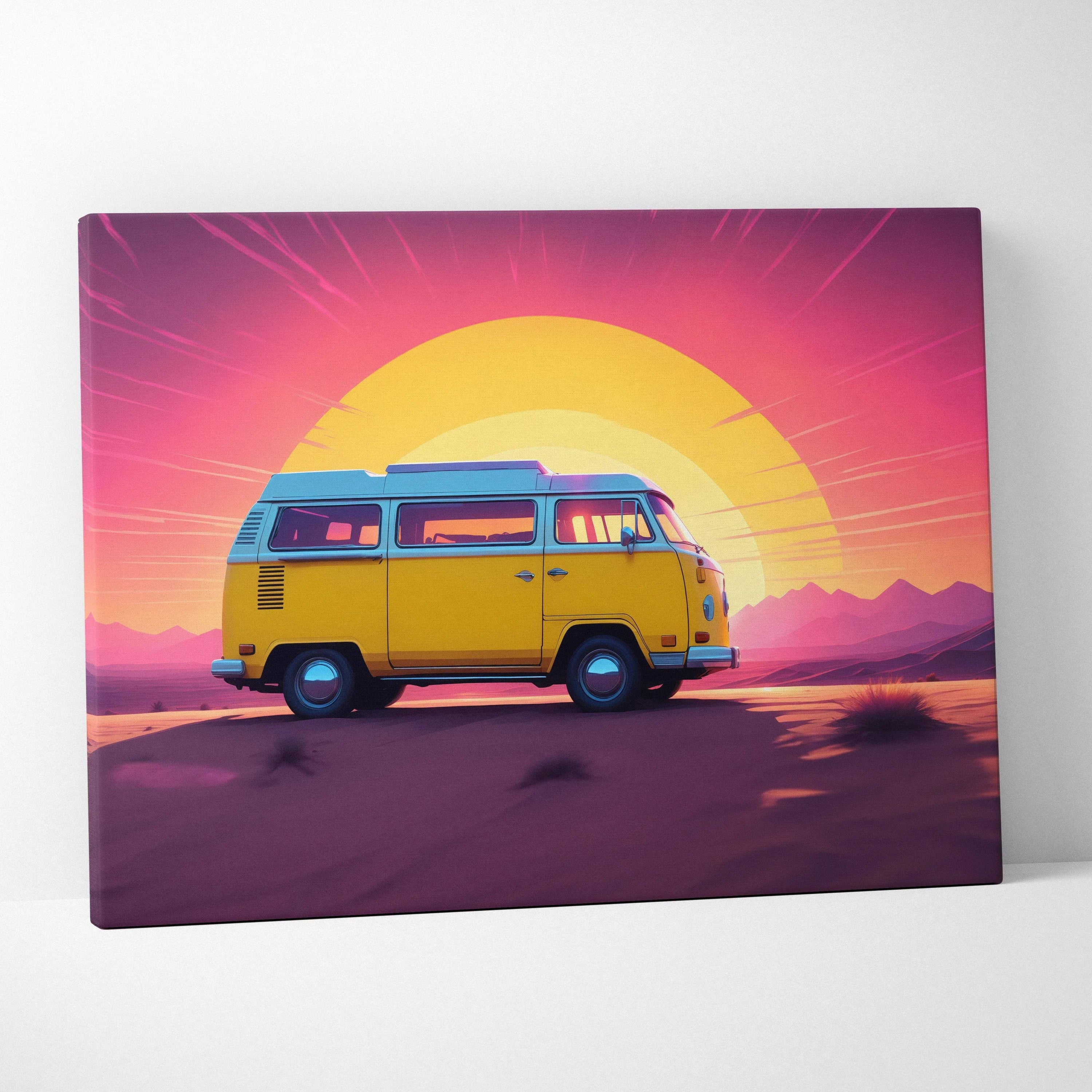 Retro yellow camper van at desert sunset synthwave neon canvas art