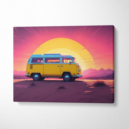 Vibrant yellow teal retro VW camper van in synthwave desert sunset wall art