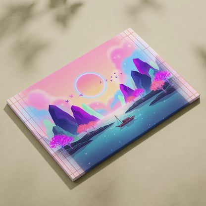 Neon Sakura Vista Canvas - Vaporwave Scene Pink Blue Living Room Neon Dreamy Nostalgic Retro Japanese Vaporwave Canvas