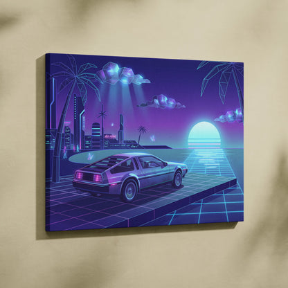 Neon Vaporwave City Sunset Canvas - Vaporwave City Landscape Purple Blue Living Room Dreamy Mood Retro Futurism Wall Art