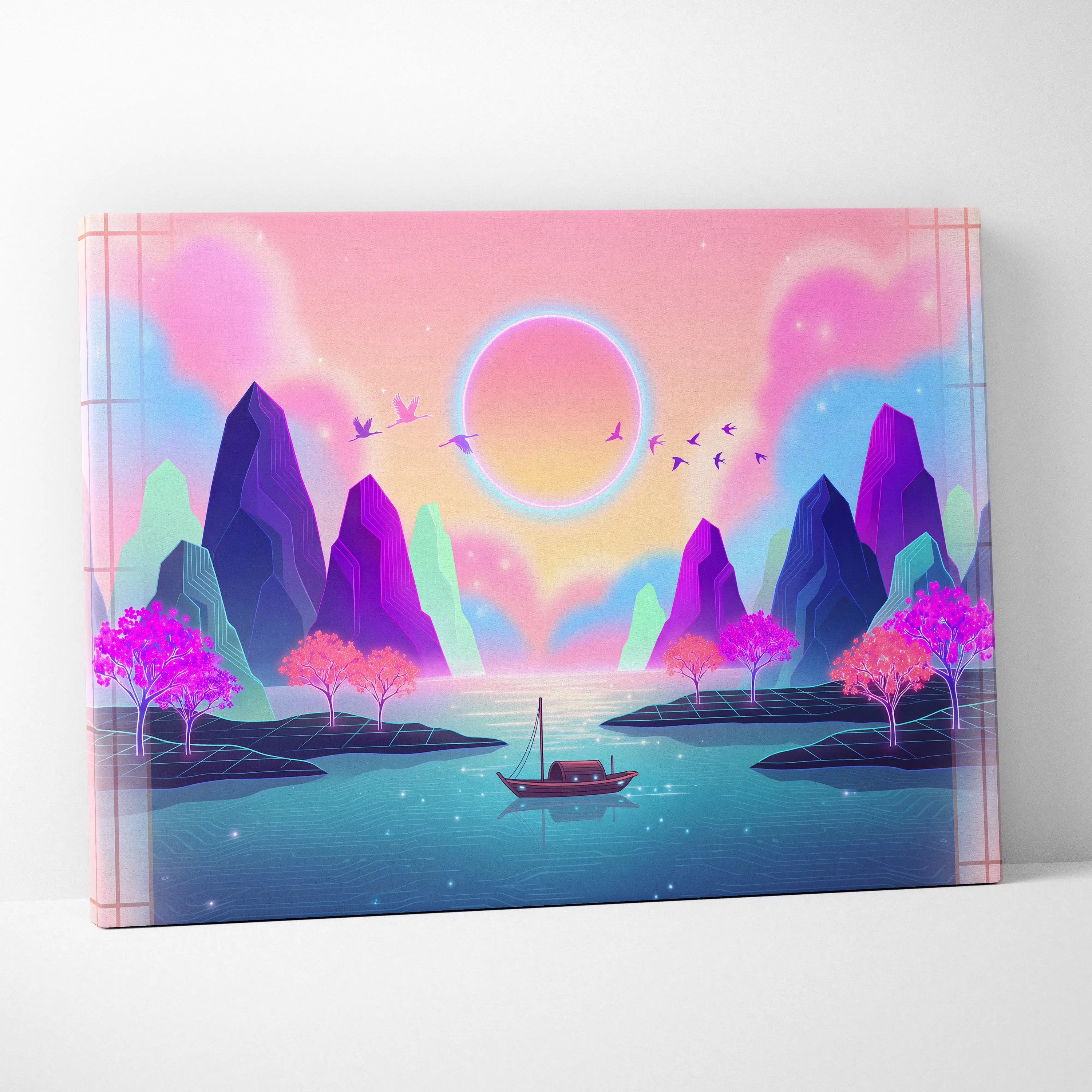 Neon Sakura Vista Canvas - Vaporwave Scene Pink Blue Living Room Neon Dreamy Nostalgic Retro Japanese Vaporwave Canvas