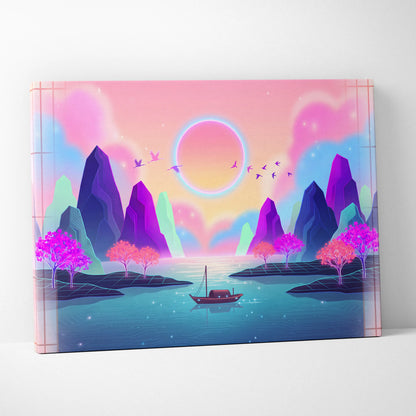 Neon Sakura Vista Canvas - Vaporwave Scene Pink Blue Living Room Neon Dreamy Nostalgic Retro Japanese Vaporwave Canvas