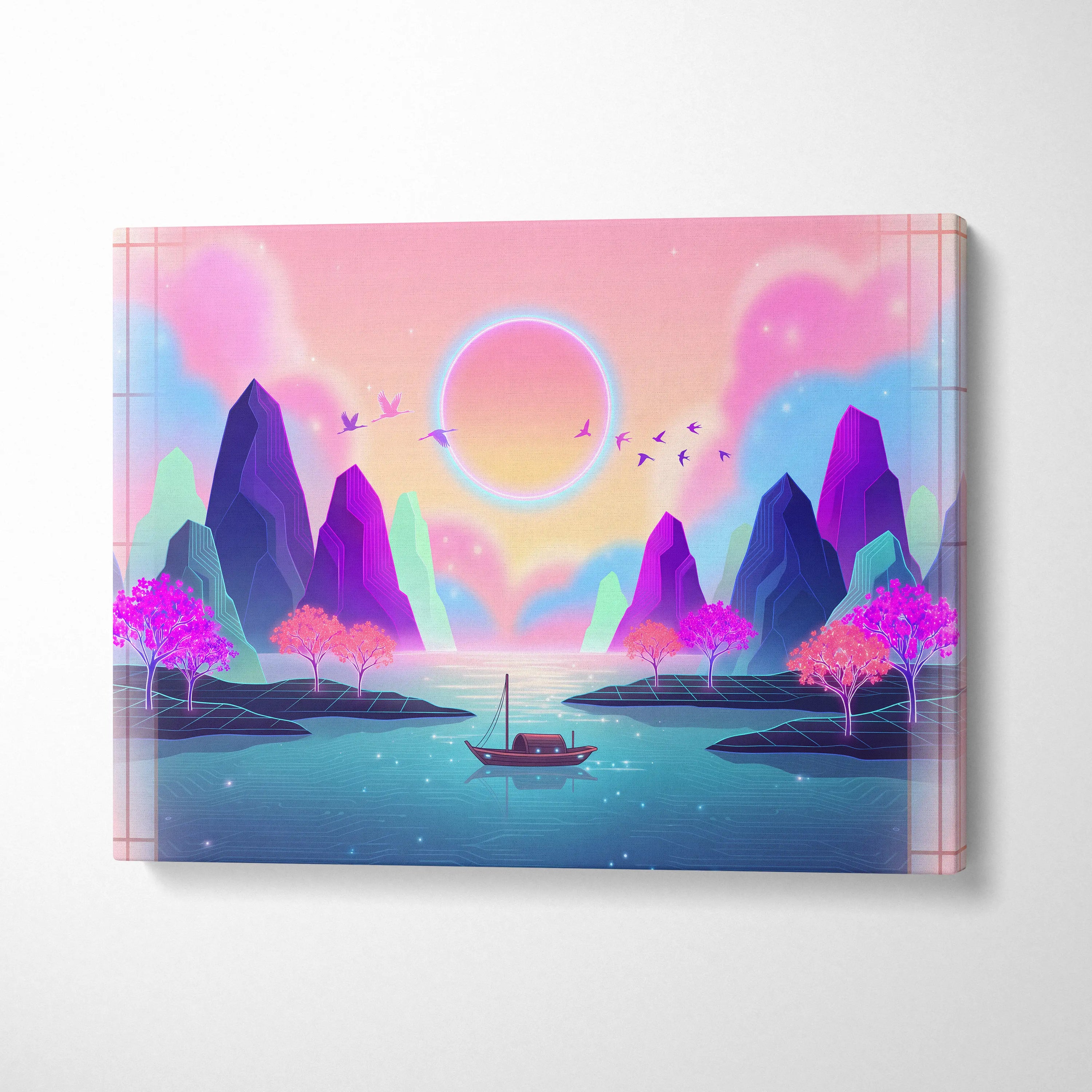 Neon Sakura Vista Canvas - Vaporwave Scene Pink Blue Living Room Neon Dreamy Nostalgic Retro Japanese Vaporwave Canvas