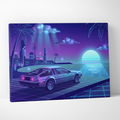 Neon Vaporwave City Sunset Canvas - Vaporwave City Landscape Purple Blue Living Room Dreamy Mood Retro Futurism Wall Art
