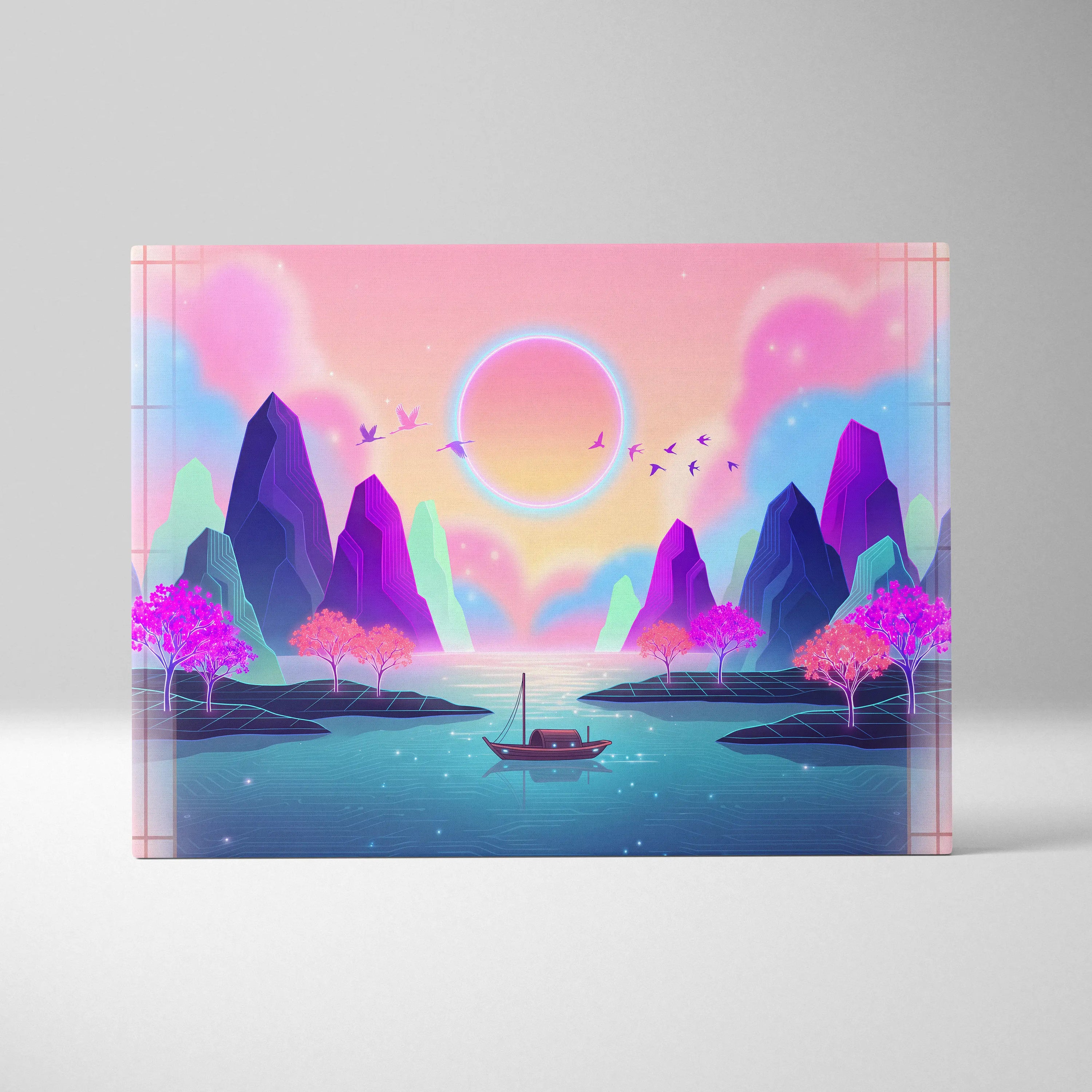 Neon Sakura Vista Canvas - Vaporwave Scene Pink Blue Living Room Neon Dreamy Nostalgic Retro Japanese Vaporwave Canvas