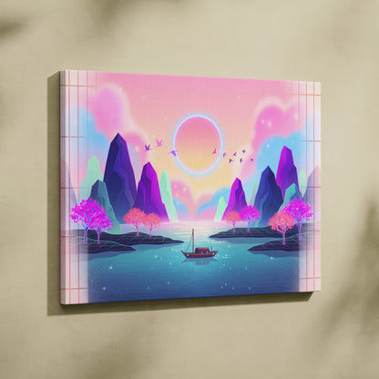 Neon Sakura Vista Canvas - Vaporwave Scene Pink Blue Living Room Neon Dreamy Nostalgic Retro Japanese Vaporwave Canvas