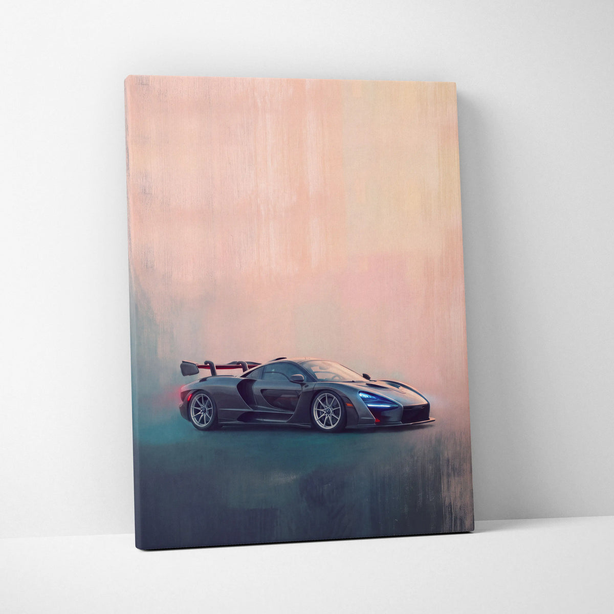 McLaren Senna inspired car wall art featuring a sleek black sports car on a soft peach and teal gradient canvas