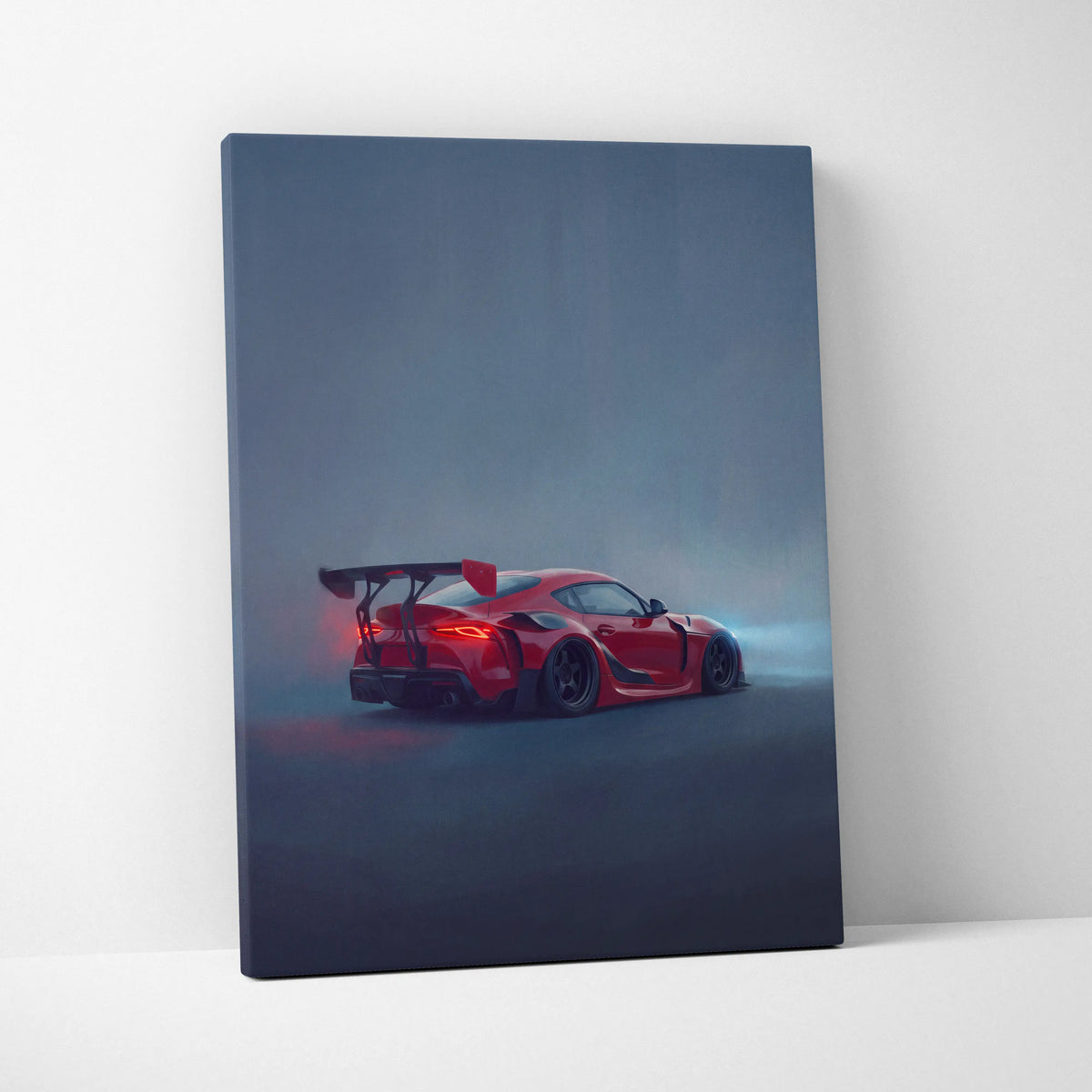 Red Toyota GR Supra inspired sports car canvas print with aerodynamic design and glowing taillights for office decor