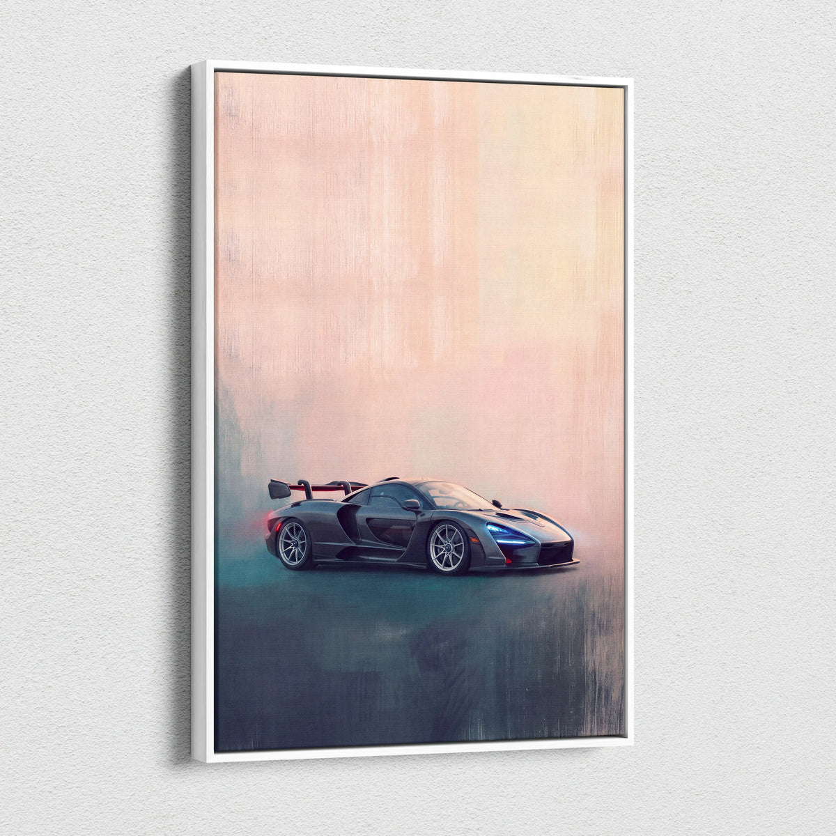 A sleek dark gray mclaren senna sports car styled painting in a white frame for track edition wall art canvas print