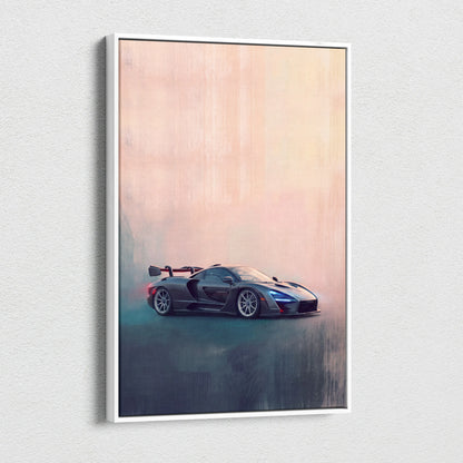 A sleek dark gray mclaren senna sports car styled painting in a white frame for track edition wall art canvas print
