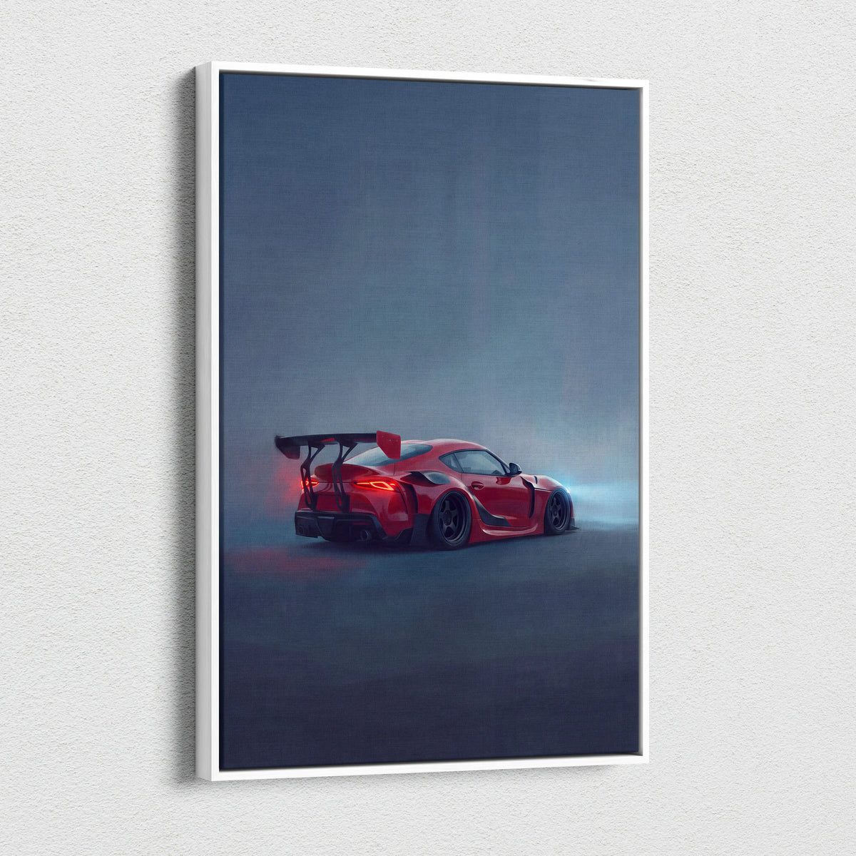 Red sports car with glossy finish and black racing stripes on toyota gr supra inspired wall art canvas print