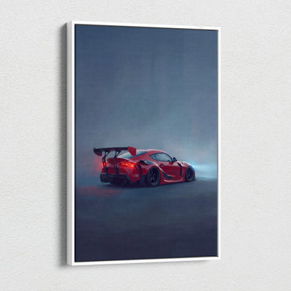 Red sports car with glossy finish and black racing stripes on toyota gr supra inspired wall art canvas print