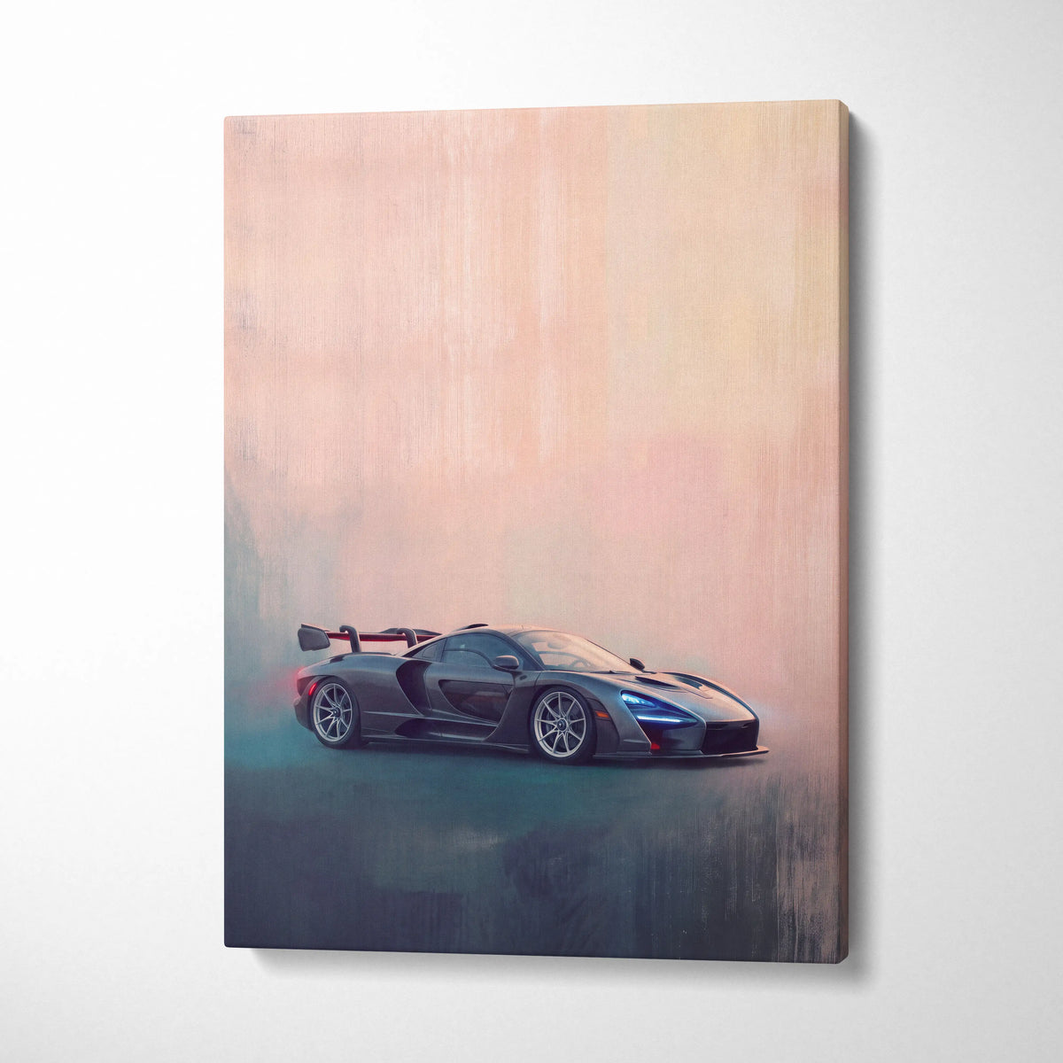 A sleek matte black mclaren senna sports car depicted in a stylized canvas painting print for wall art