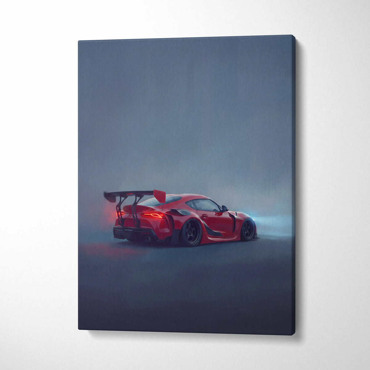 Red sports car canvas print with sleek aerodynamic design and glowing taillights for office decor