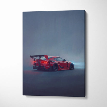 Red sports car canvas print with sleek aerodynamic design and glowing taillights for office decor
