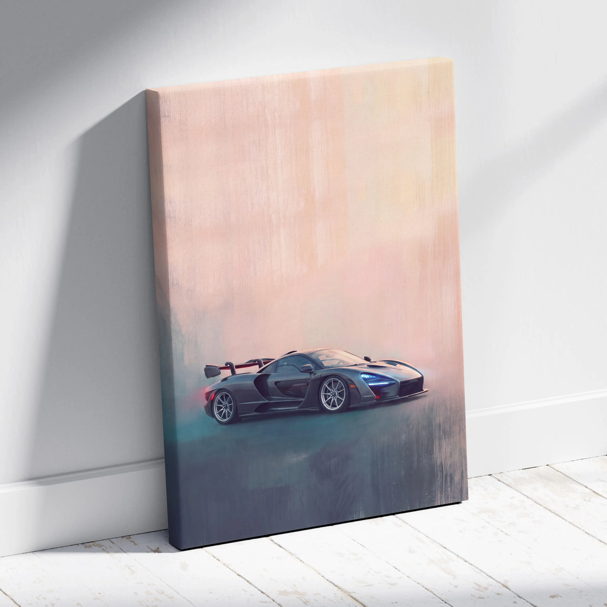 A sleek dark gray mclaren senna with red accents on a stretched canvas wall art for track edition decor