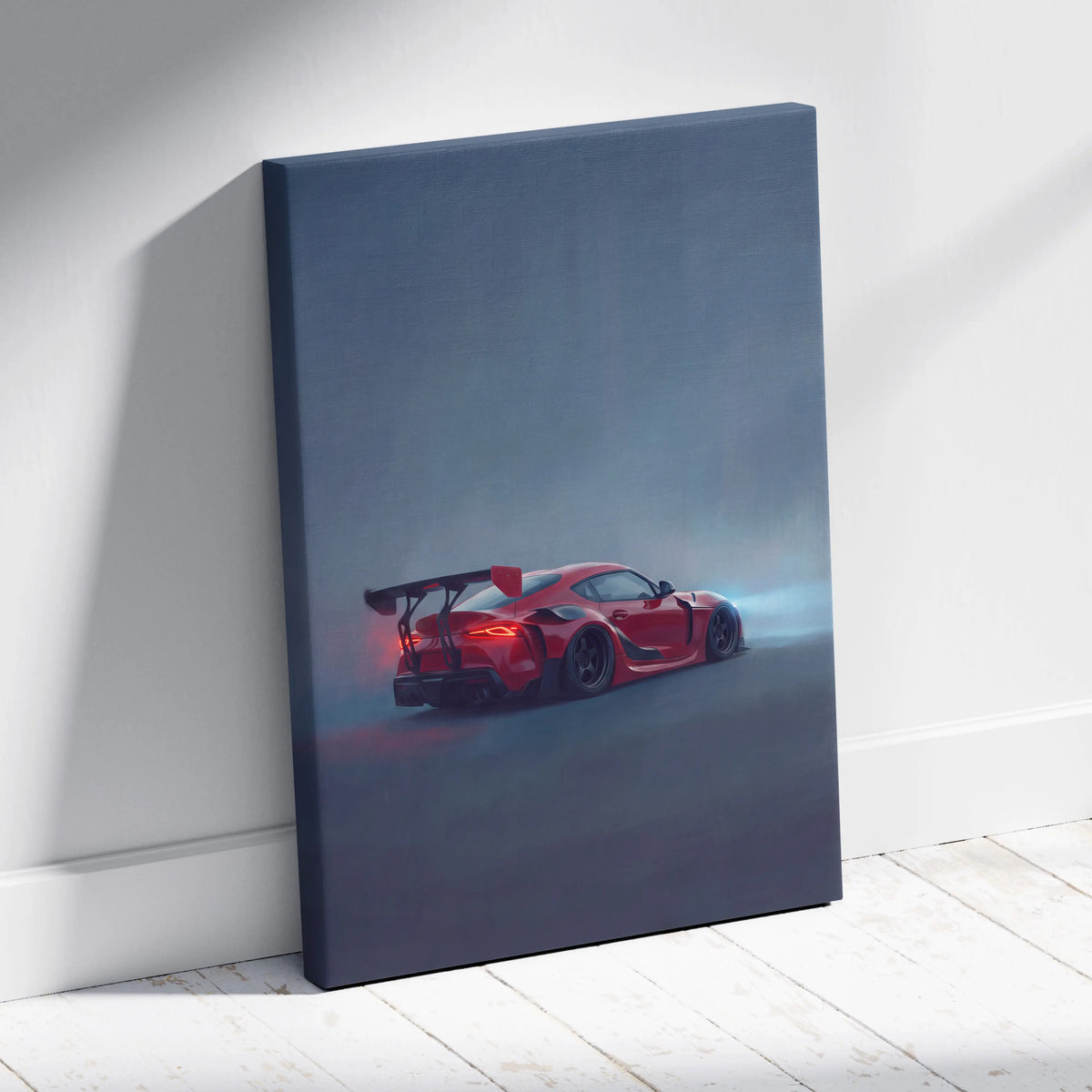 Red sports car canvas print featuring a sleek aerodynamic design with glowing taillights for office decor