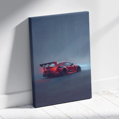 Red sports car canvas print featuring a sleek aerodynamic design with glowing taillights for office decor