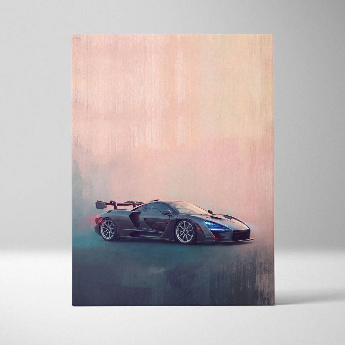 Sleek black mclaren senna sports car with glowing blue headlights and red spoiler accents in track edition canvas print