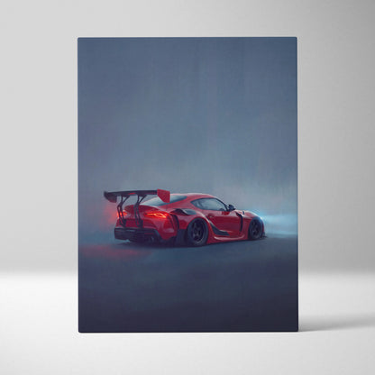 Red Toyota GR Supra inspired sports car wall art with rear spoiler and glowing taillights in misty office decor canvas print