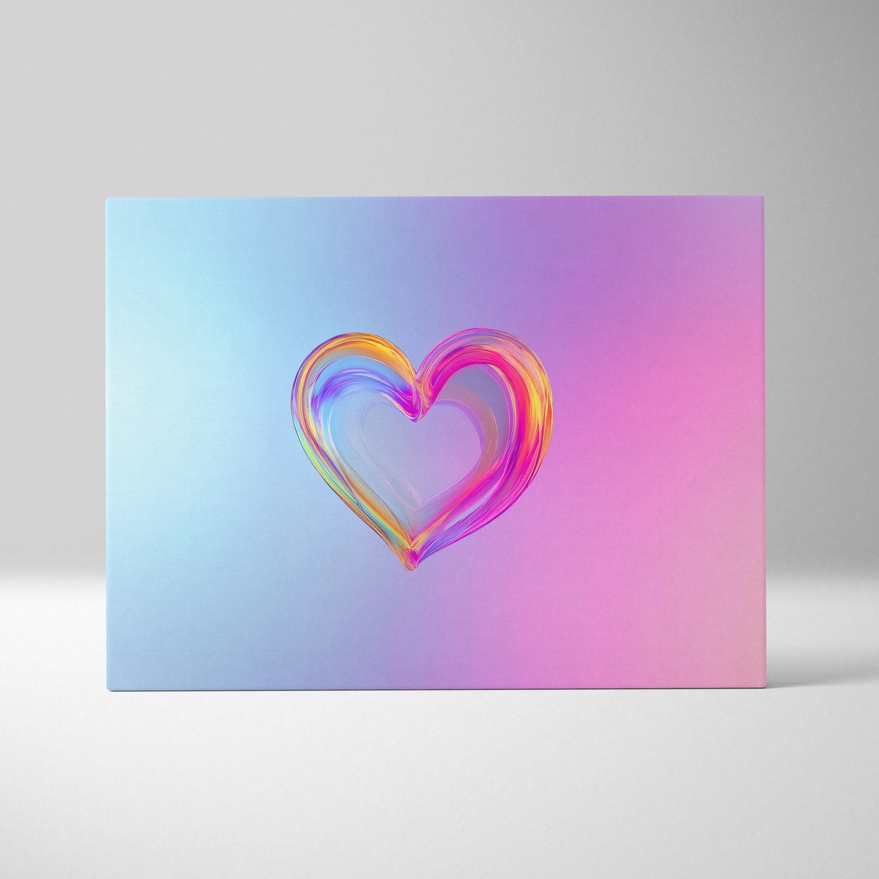 Abstract heart-shaped brushstroke in vibrant pink and orange on a gradient blue to purple canvas art print.